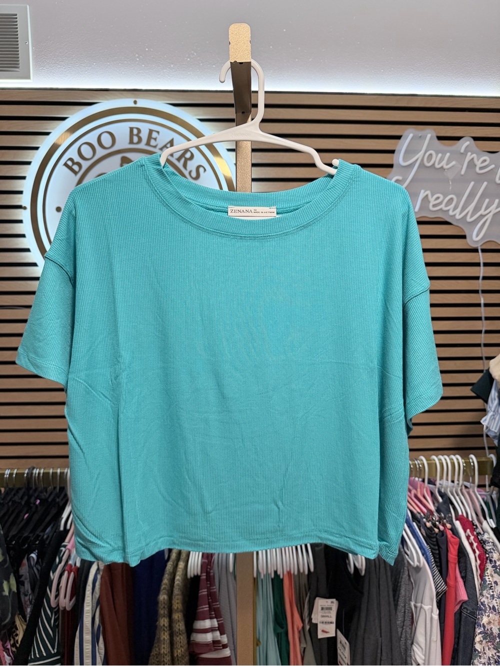 Zenana Outfitters Aqua Ribbed Short-Sleeve Boxy Cropped Tee